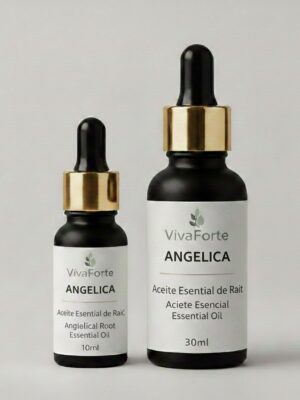Minimalist 10ml and 30ml matte black glass bottles of Artimura Angelica Root Essential Oil with pipette droppers on an off-white background.