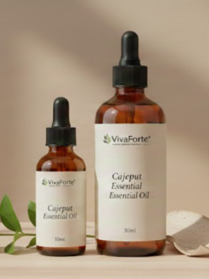 Two amber glass bottles of VivaForte Cajeput Essential Oil (10ml and 30ml) with black precision pipettes. The label features the VivaForte logo and "Cajeput" text.