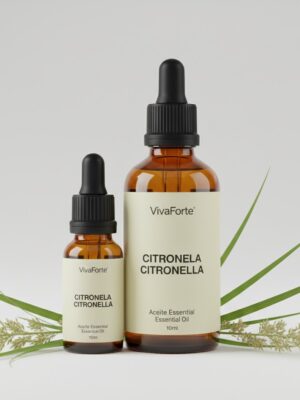 Two amber glass bottles (10ml and 30ml) with matte black pipettes. The labels display the VivaForte logo with the titles "CITRONELA" and "CITRONELLA." Long, vibrant green citronella grass leaves are arranged behind the bottles.