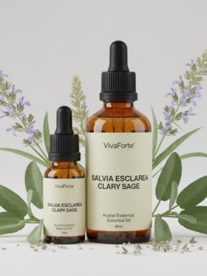 Two amber glass bottles (10ml and 30ml) with matte black pipettes. Labels show "SALVIA ESCLAREA" and "CLARY SAGE" with the VivaForte logo. Fresh clary sage leaves and purple flower spikes are arranged artfully in the background.
