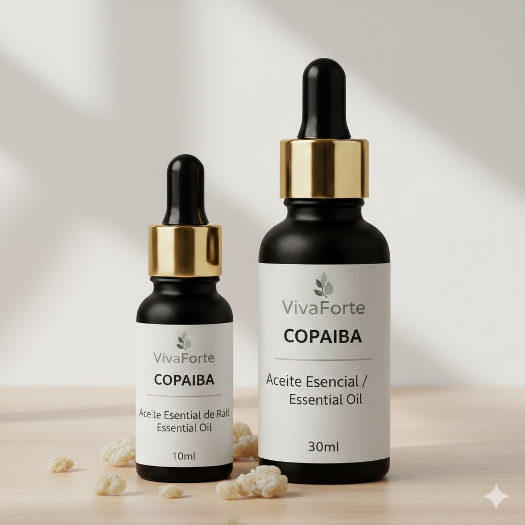 Two premium matte black glass bottles (10ml and 30ml) with luxury gold-rimmed pipettes. The labels feature the VivaForte logo and "COPAIBA." Natural resin tears are scattered at the base against a clean, minimalist background with soft shadows.