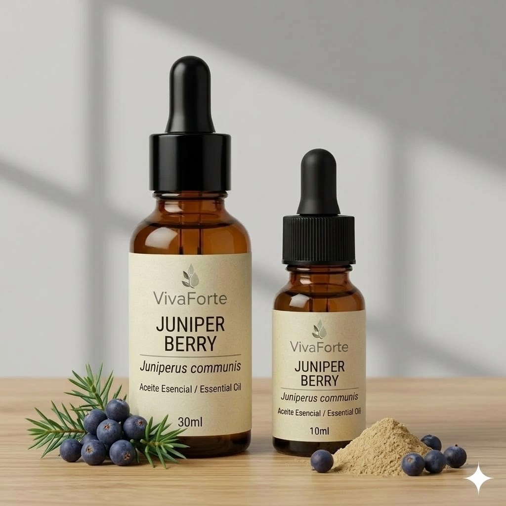 Professional botanical photography of Juniper berries and silver-green needles on a wooden table with soft window shadows.