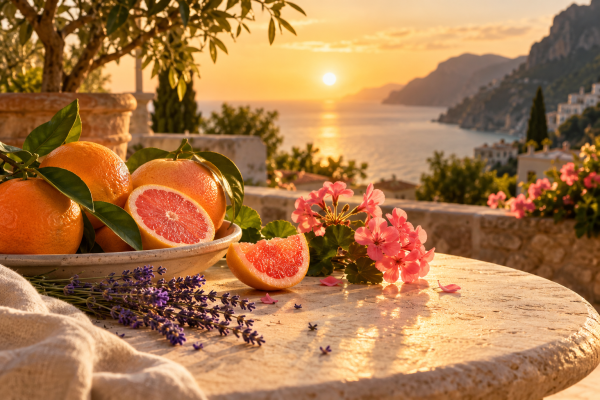 Golden terrace light with citrus fruit, lavender and geranium