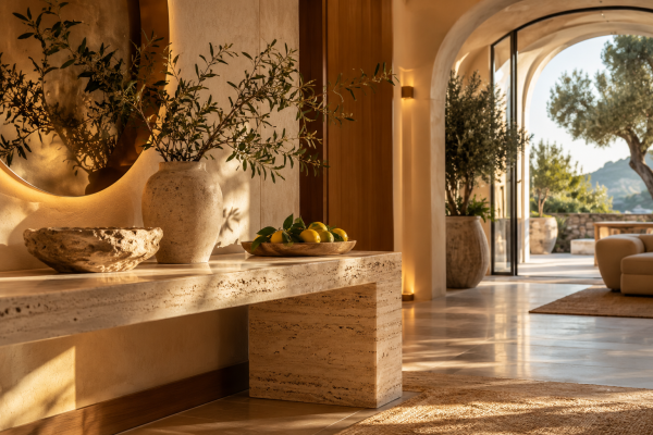Warmly lit boutique hotel entrance with travertine and natural wood
