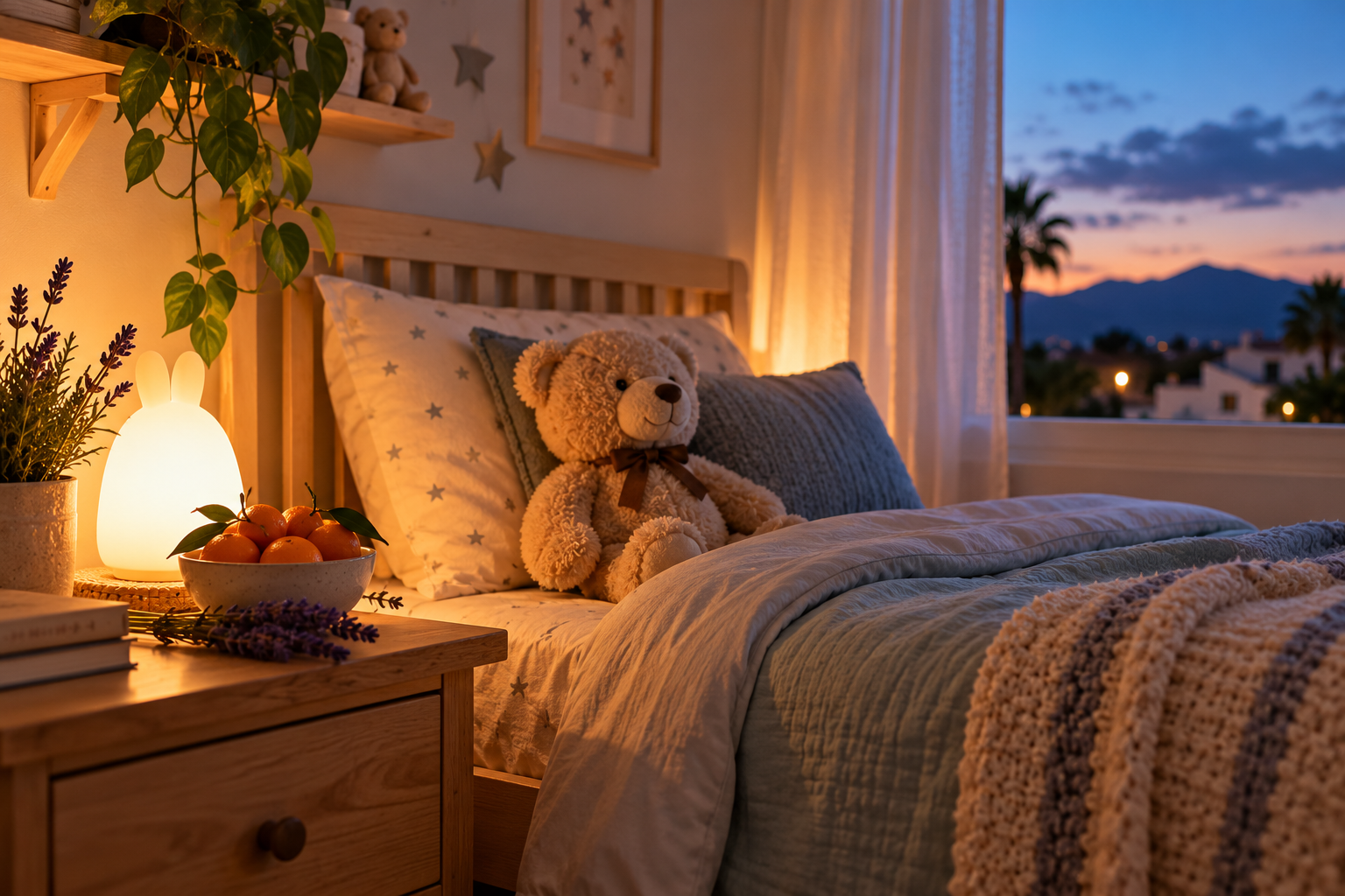 A calm child's bedroom at dusk with a soft blanket, a teddy bear and a night light