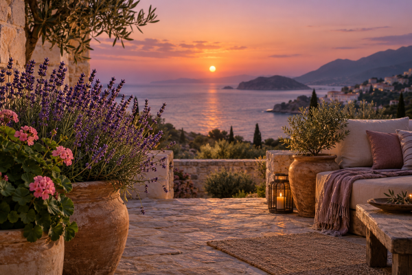 Mediterranean terrace at dusk with lavender and geranium