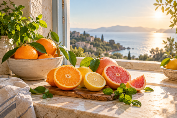 Orange, lemon and grapefruit on a sunlit Mediterranean windowsill