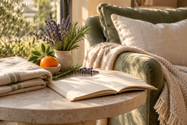 Quiet reading corner with linen, lavender, rosemary and orange