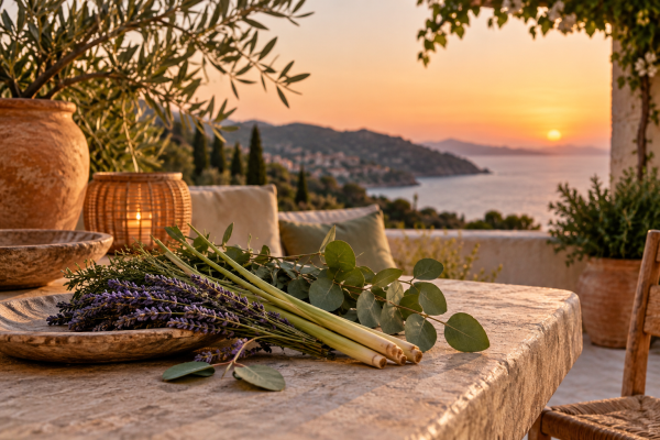 Mediterranean terrace with lemongrass, lavender and eucalyptus