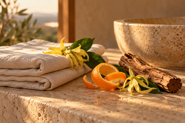 Warm stone spa setting with linen, orange peel and ylang-ylang flowers