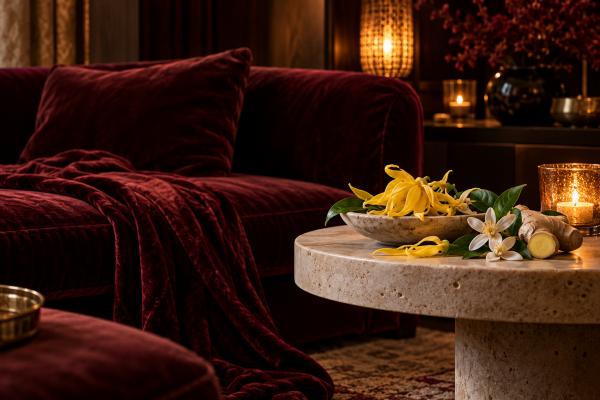 Intimate burgundy and amber lounge with flowers, ginger and dark wood