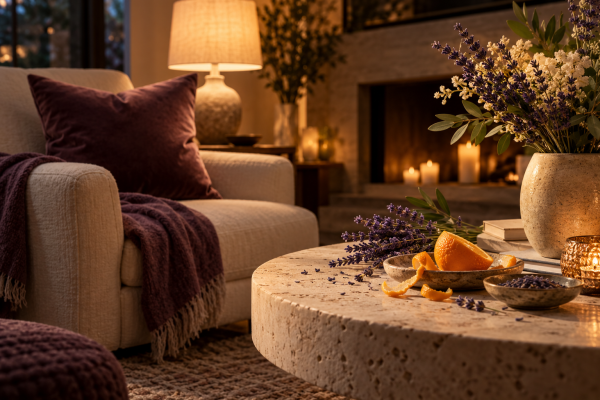 Cosy evening lounge with velvet, linen, orange peel and lavender