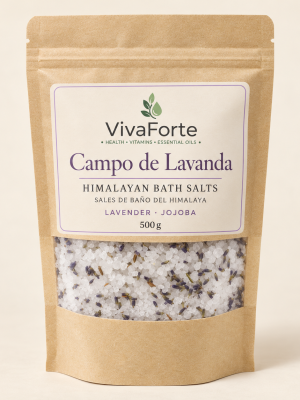 VivaForte Campo de Lavanda himalayan bath salts in a kraft window pouch