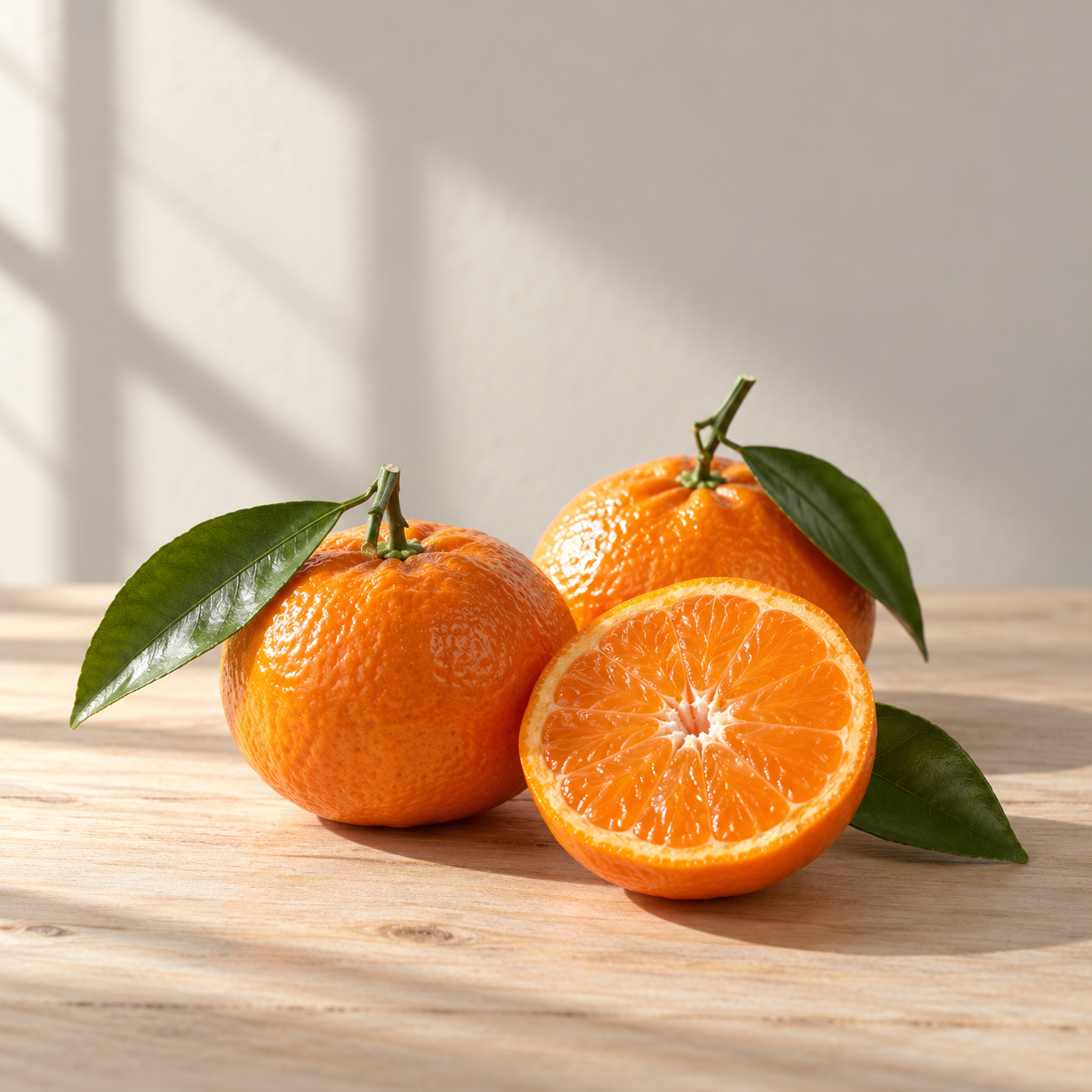 Ripe mandarins with green leaves and a cut fruit