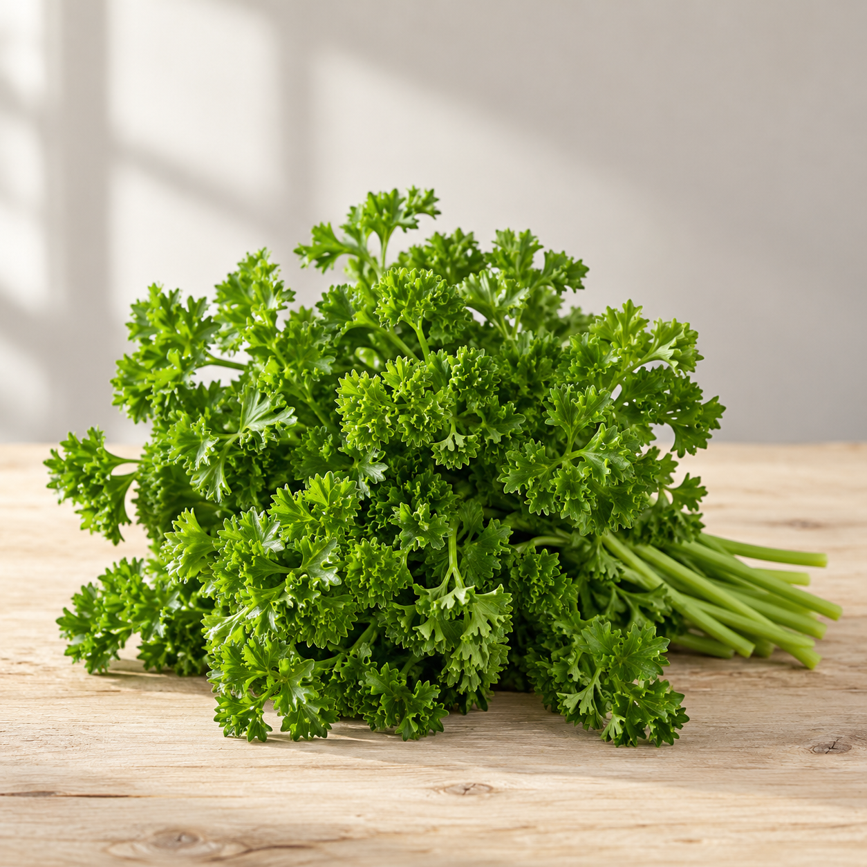 Fresh curly parsley on pale wood
