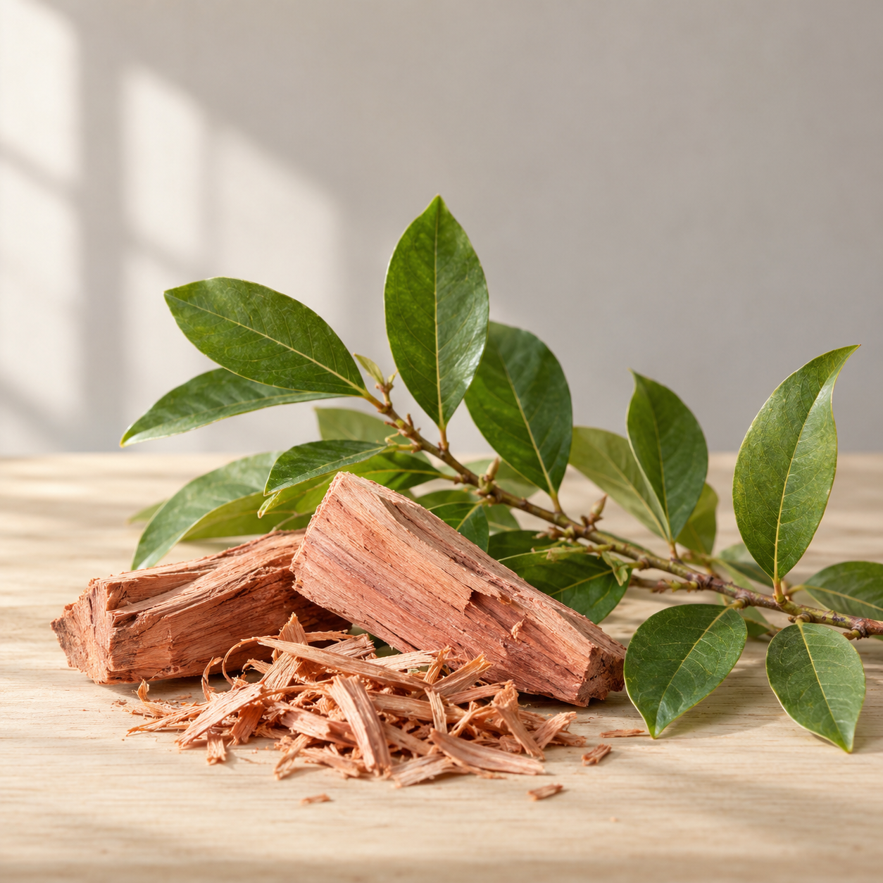 Rosewood botanical arrangement on pale wood