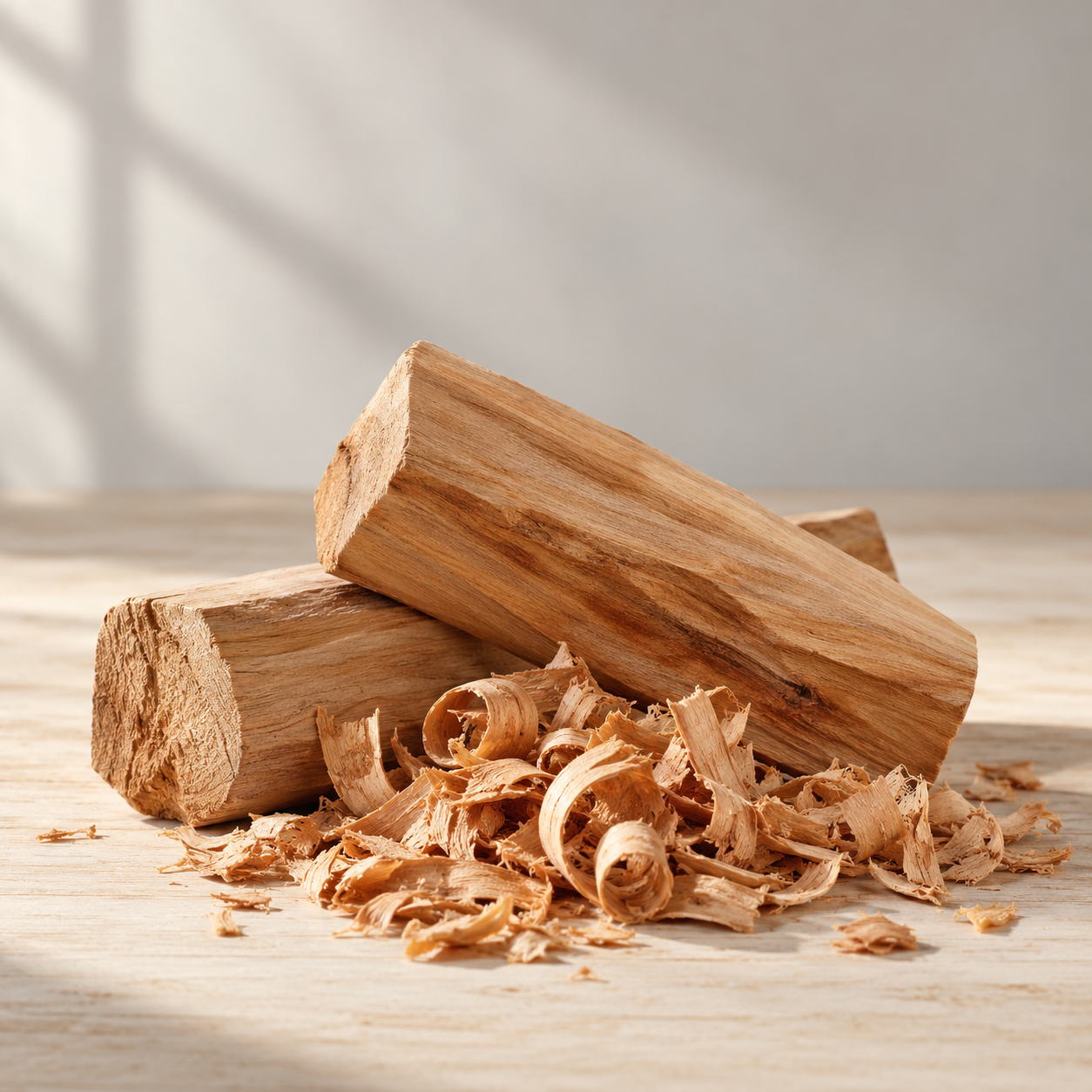 Sandalwood pieces and curled wood shavings