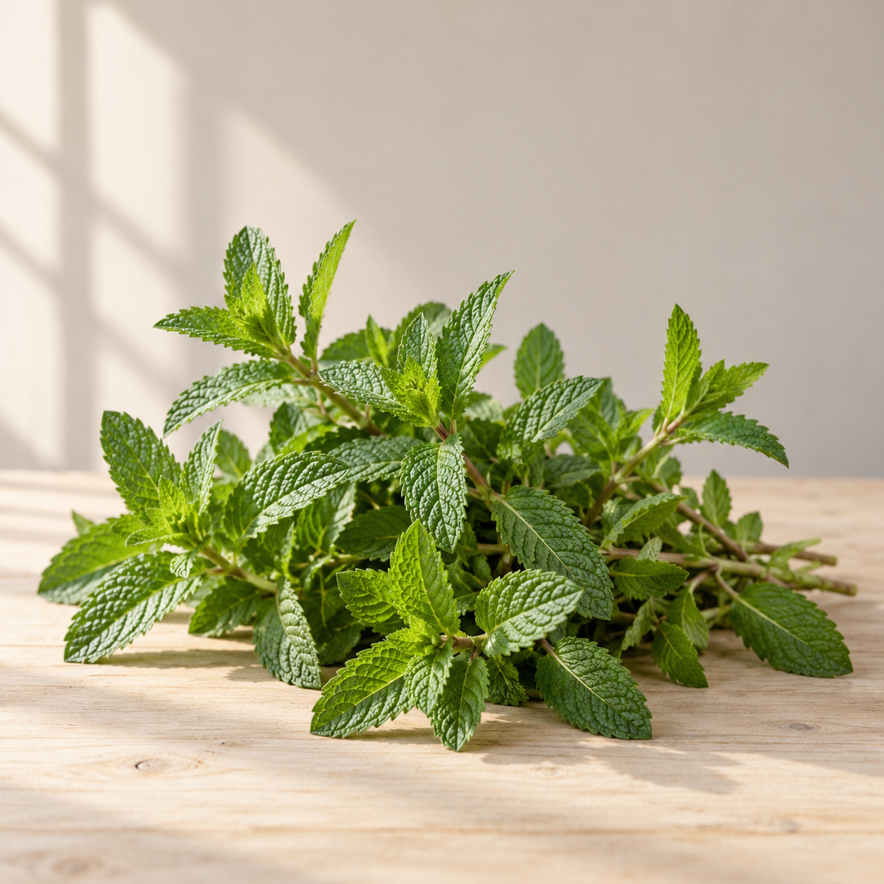 Fresh spearmint sprigs with textured green leaves