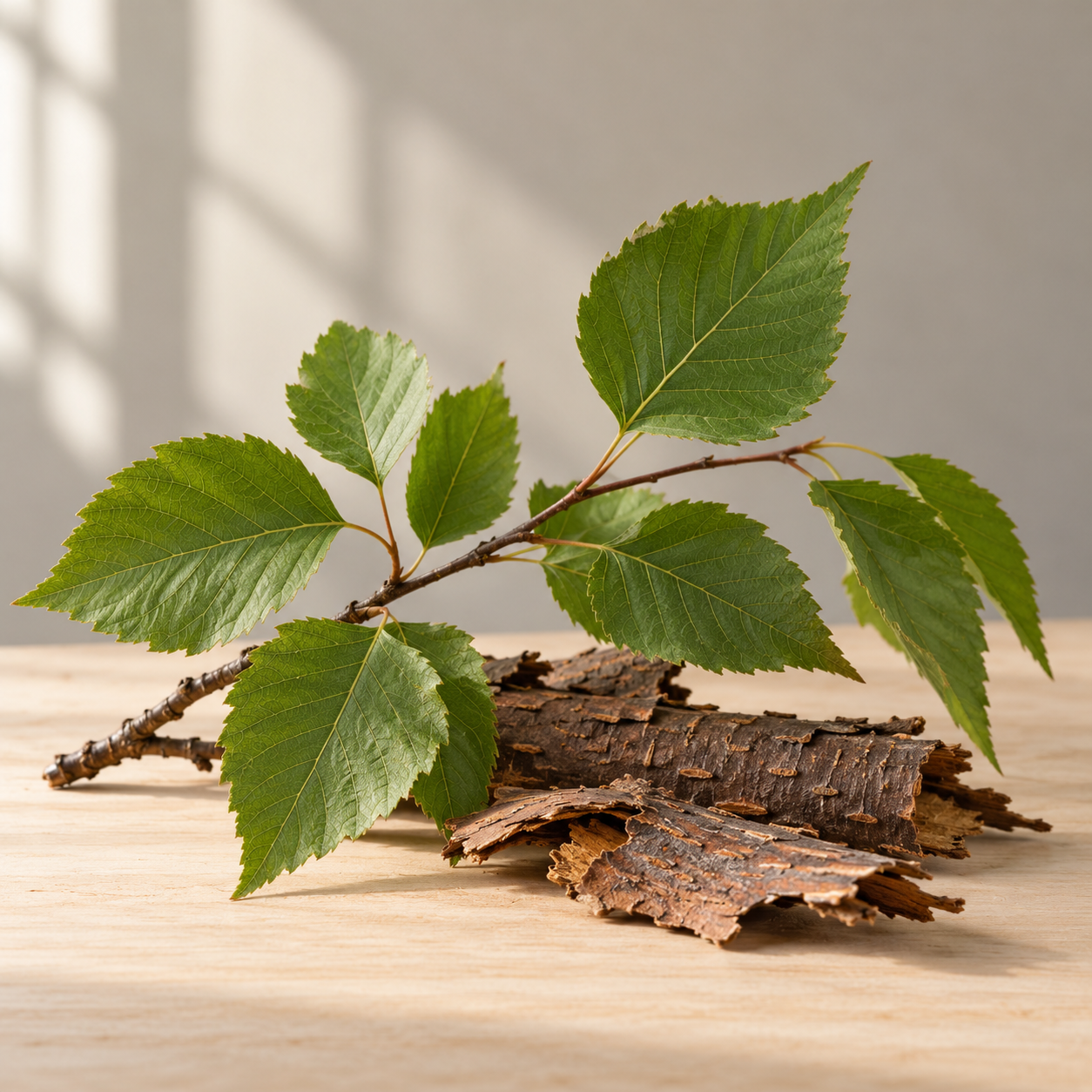 Sweet Birch botanical arrangement on pale wood