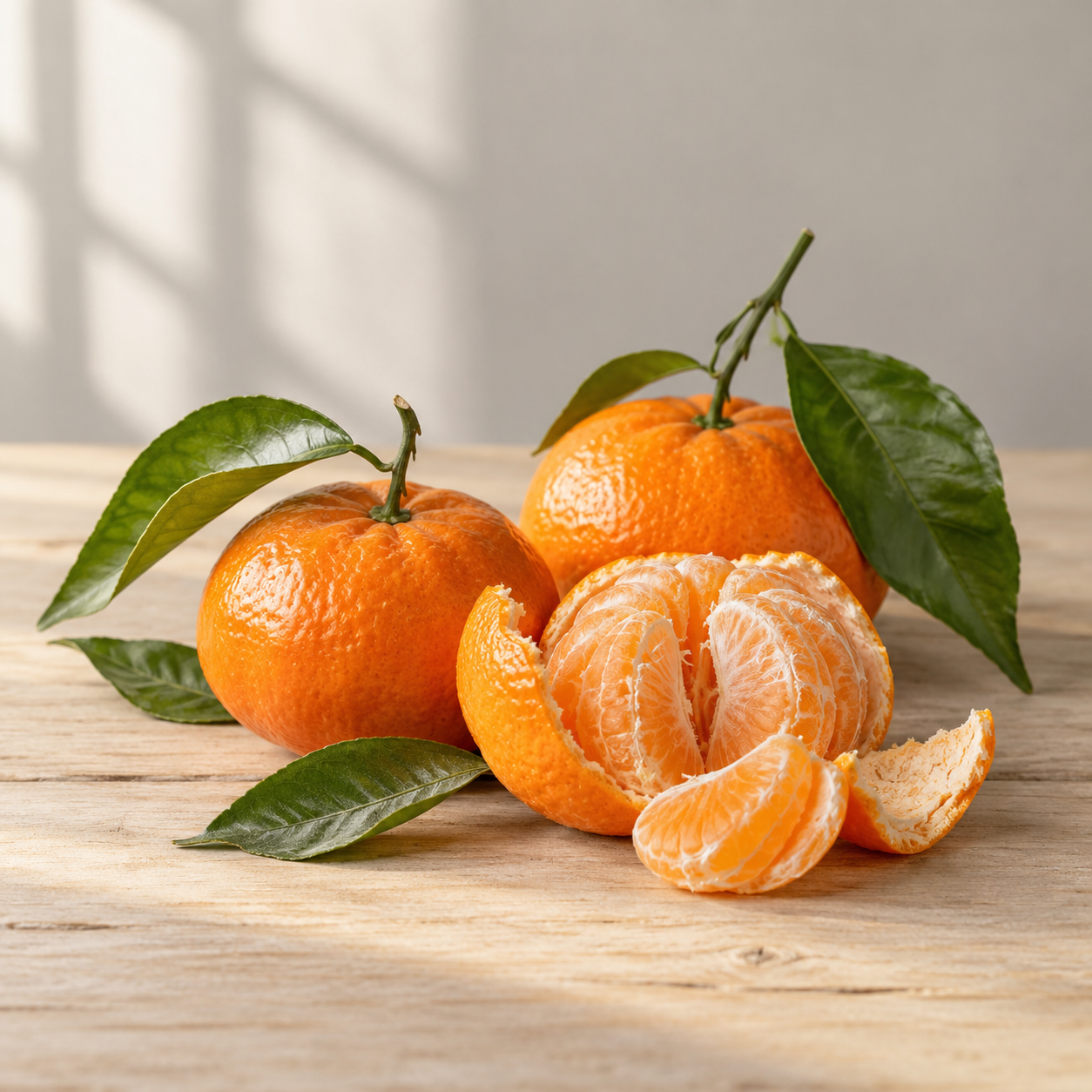 Whole and peeled tangerines with green leaves