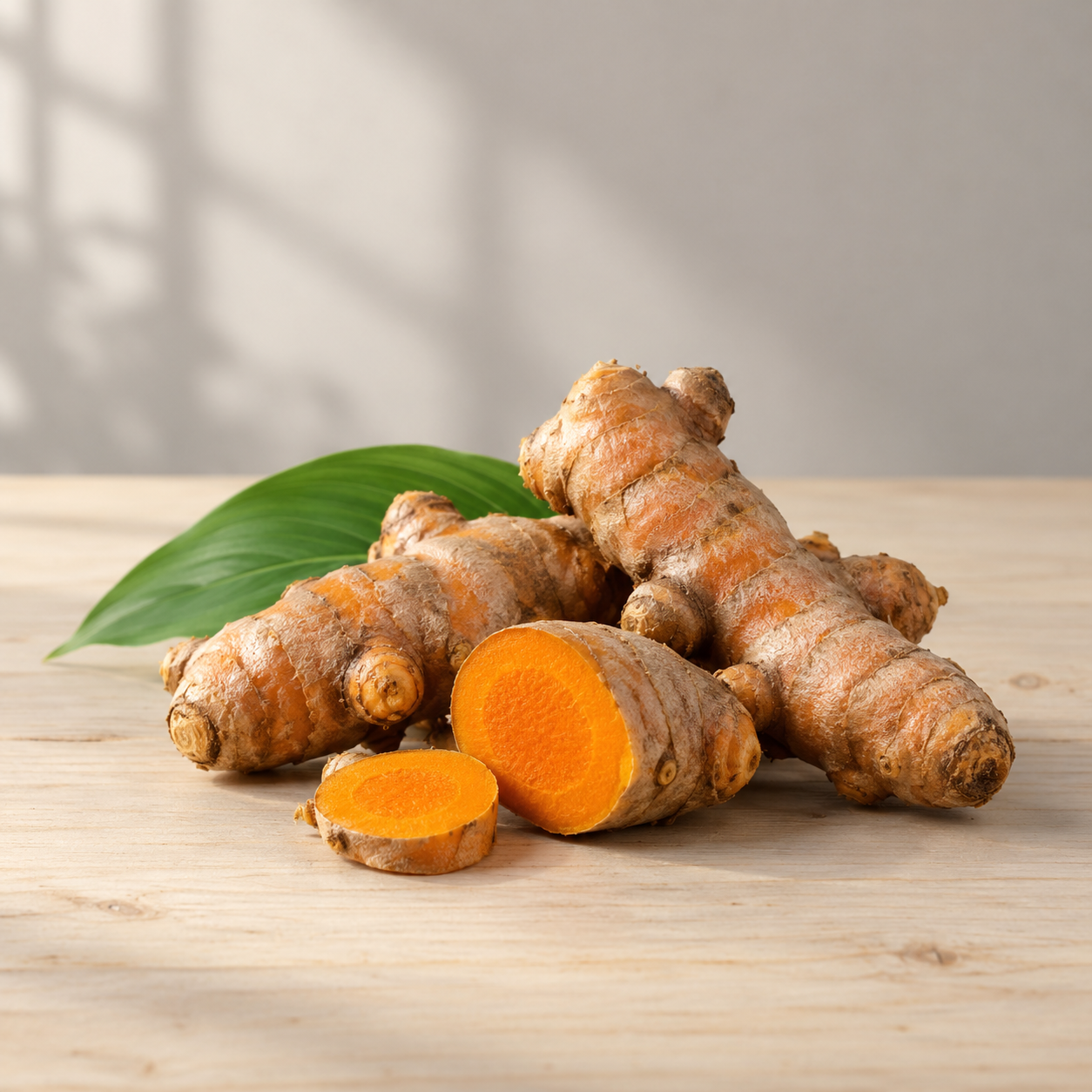 Turmeric botanical arrangement on pale wood