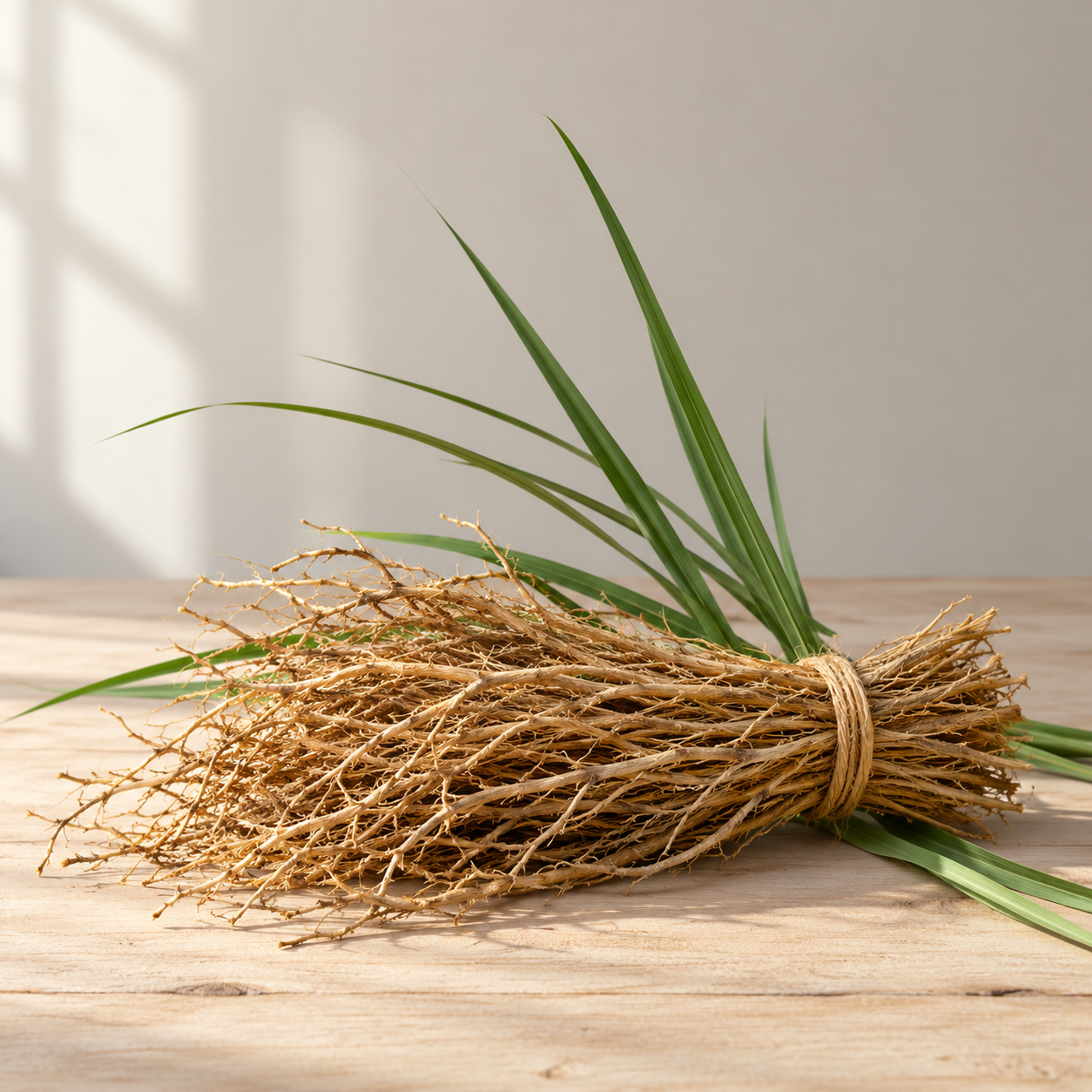 Vetiver roots and grass leaves on a pale wooden surface
